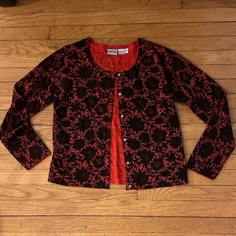 Newport News Red and black lace print cardigan fairygoth cottagecore SIZE L